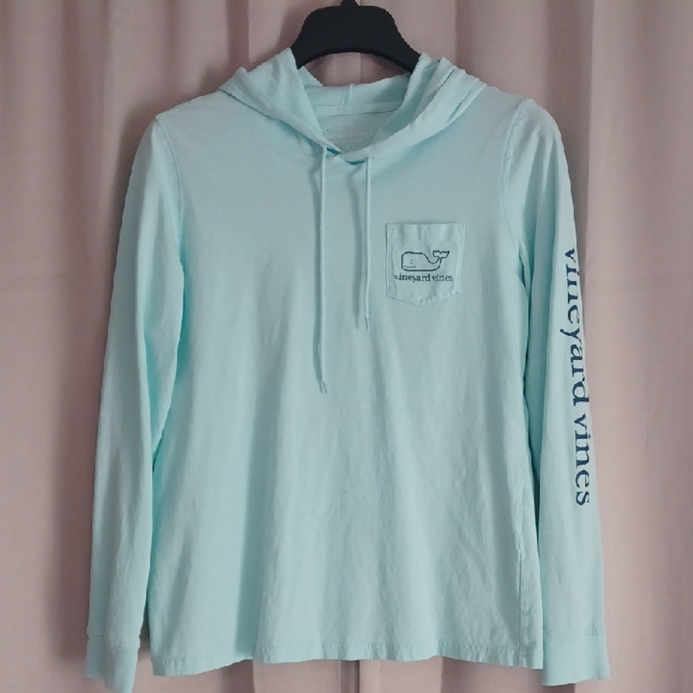 Vineyard Vines Aqua Long Sleeve Hoodie Tee Chest Pocket Logo Printed Back Sz S